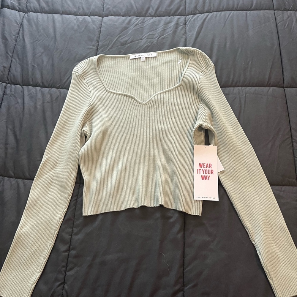 Celebrity Pink Ribbed V-Neck Top in Light Green